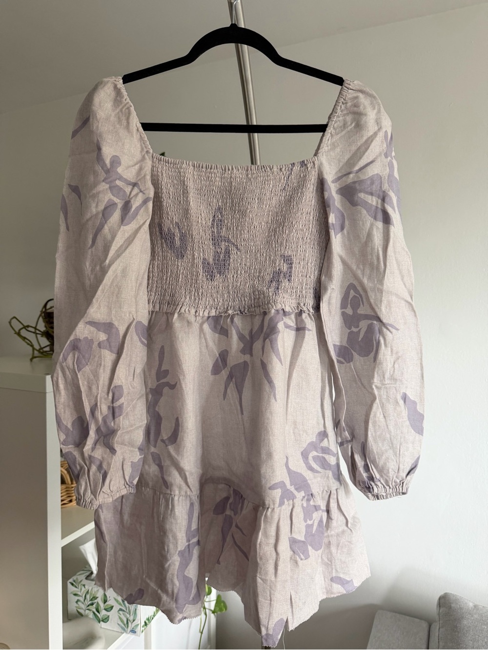 Wilfred Light Lavender Floral Smocked Square-Neck Mini Dress
